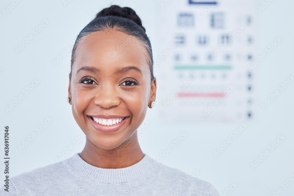 Face, black woman smile and ophthalmology patient in hospital for vision, healthcare or wellness. Po