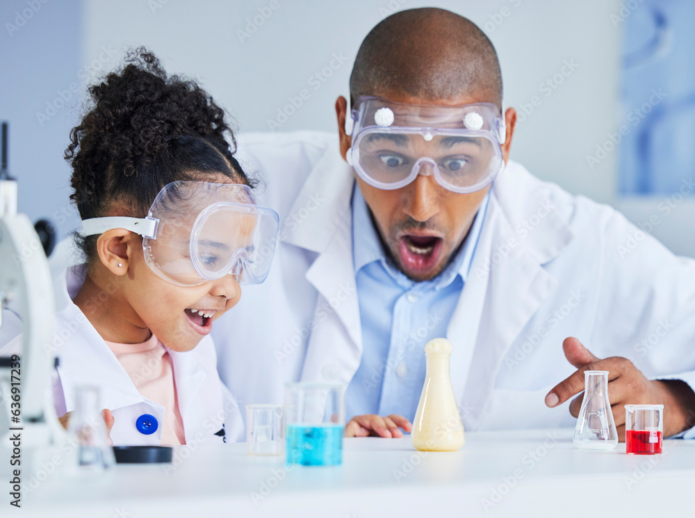 Happy, father and girl with chemistry experiment, education and learning with wow, excited and schoo