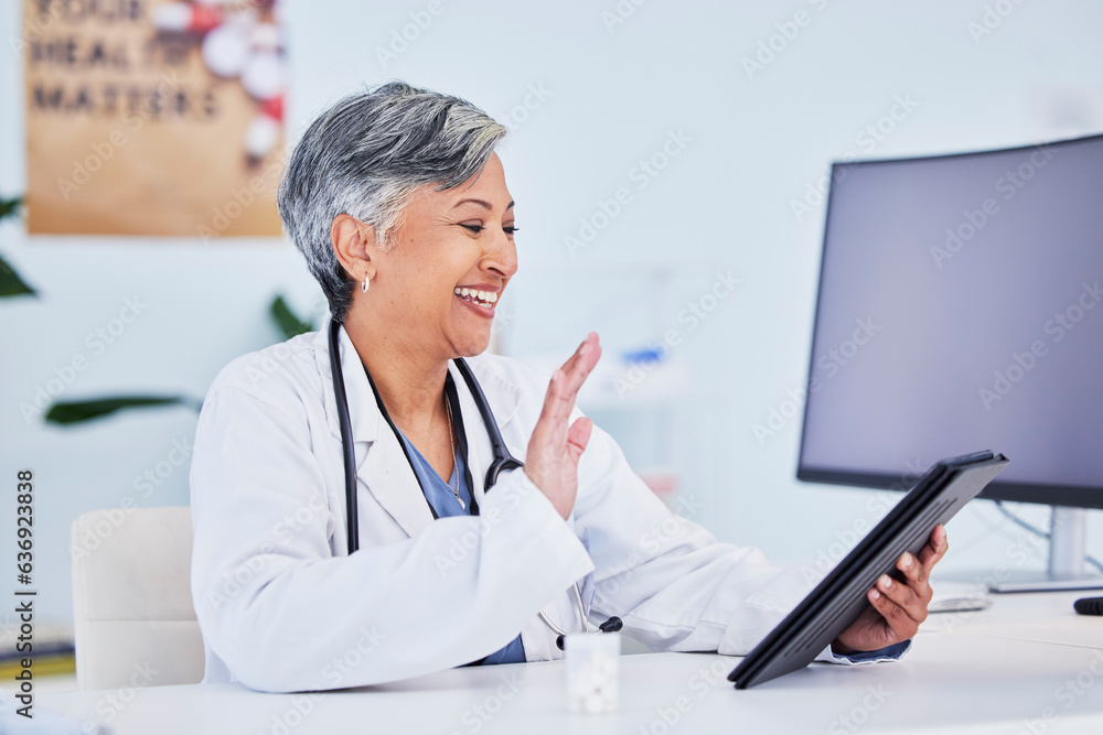 Hello, woman and doctor with a tablet, video call and connection with healthcare, greeting and medic