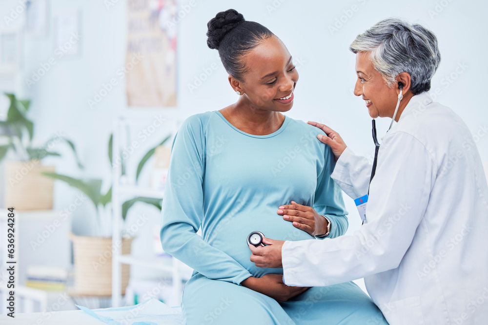 Black woman, pregnant and doctor listening to heart beat in checkup, appointment or visit at hospita