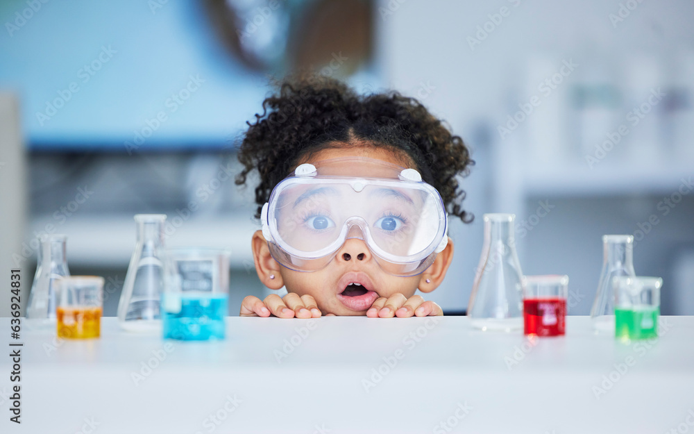 Science, learning and portrait of child in laboratory for experiment, education and research. Future