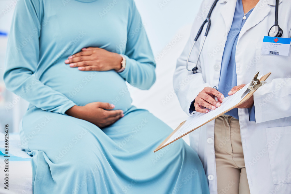 Doctor, woman hands and pregnancy in a hospital with mama, stomach and baby care. Wellness, abdomen 