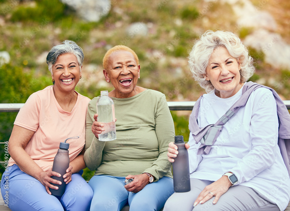 Senior women, fitness or portrait of friends in outdoor activity together for health or exercise in 