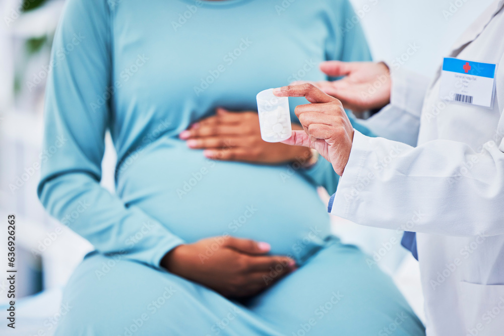 Doctor, pregnant patient and hands, pills in container and woman at hospital with gynecology. Supple