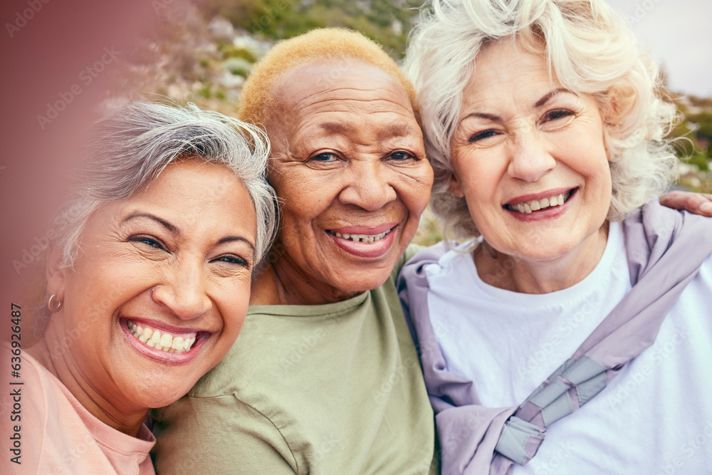 Senior women, fitness or selfie portrait of friends in outdoor activity together for health or exerc