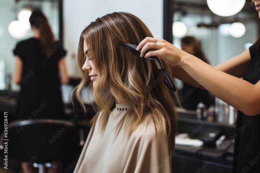 hairdresser cutting woman in salon.