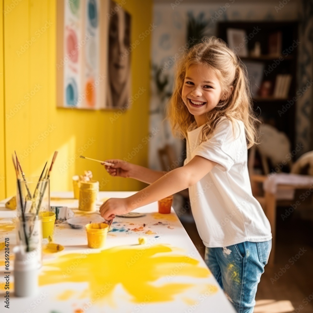 girl paints a picture with paints in a yellow room.