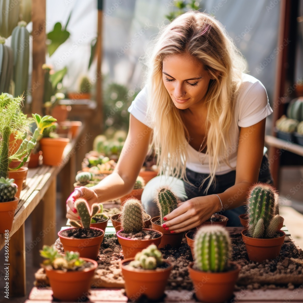 woman transplanting cacti into new pots.