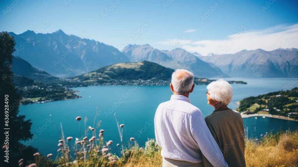 Senior couple, moutains and lake view background