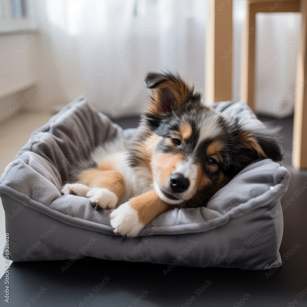 dog sleeps in a gray lounger.