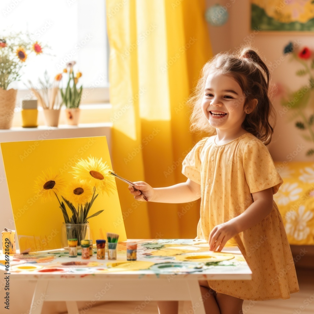 girl paints a picture with paints in a yellow room.