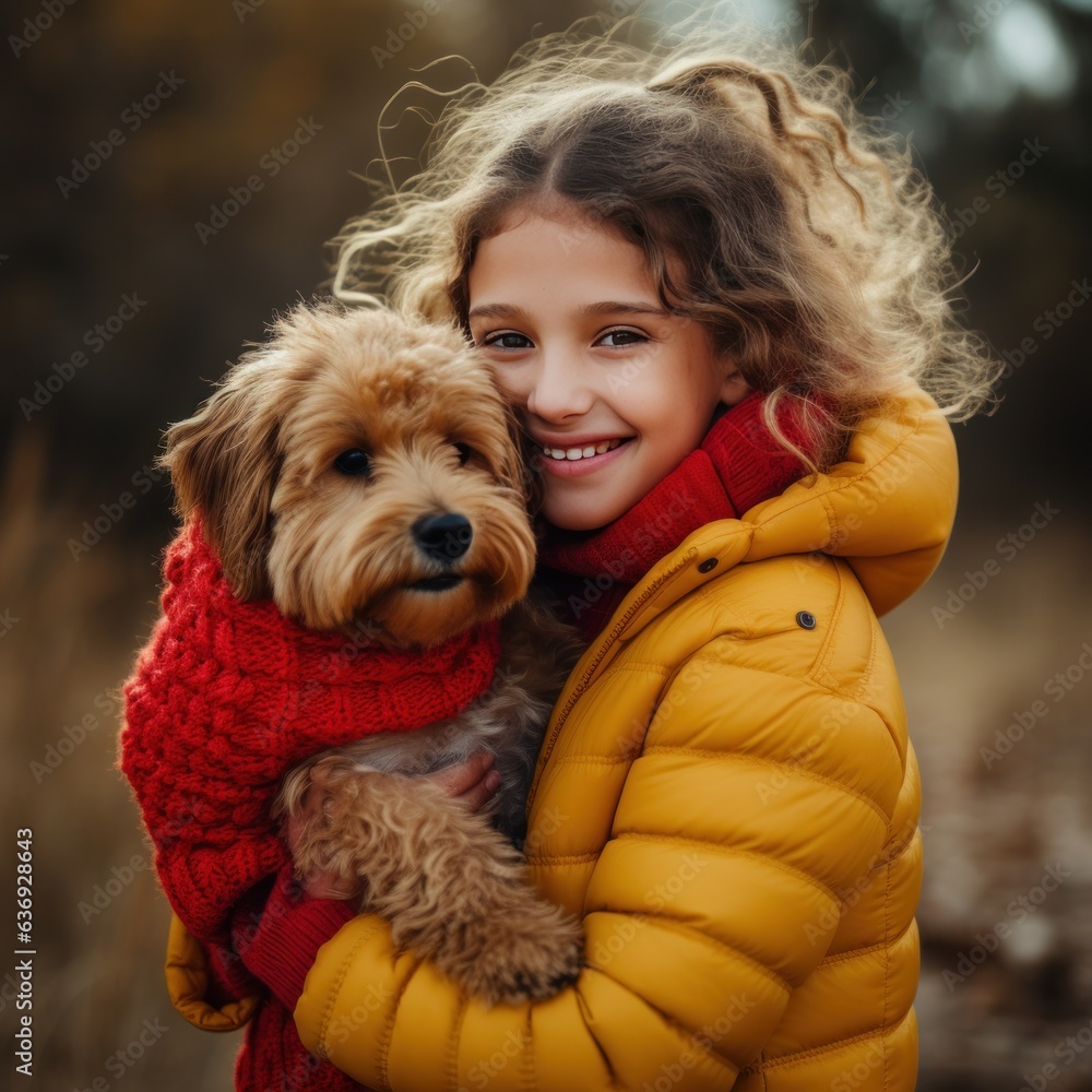 girl in a yellow sweater with curly hair hugging a dog