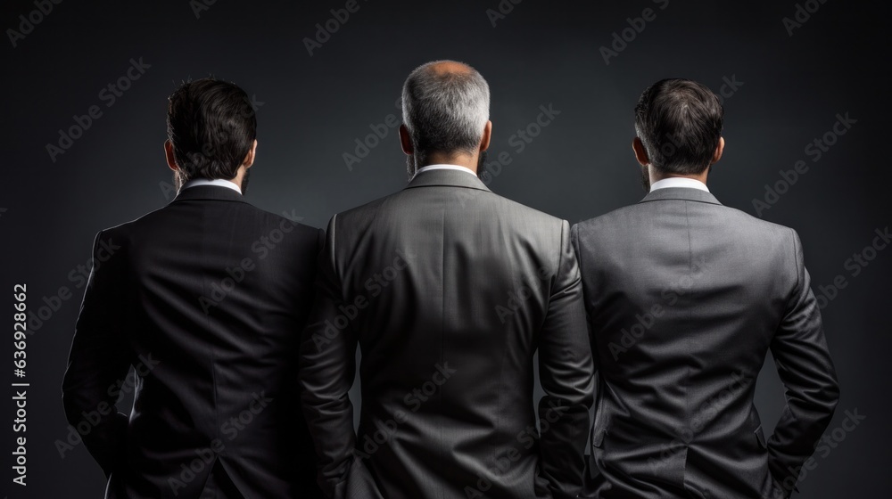 three business people with their backs turned against on grey background.