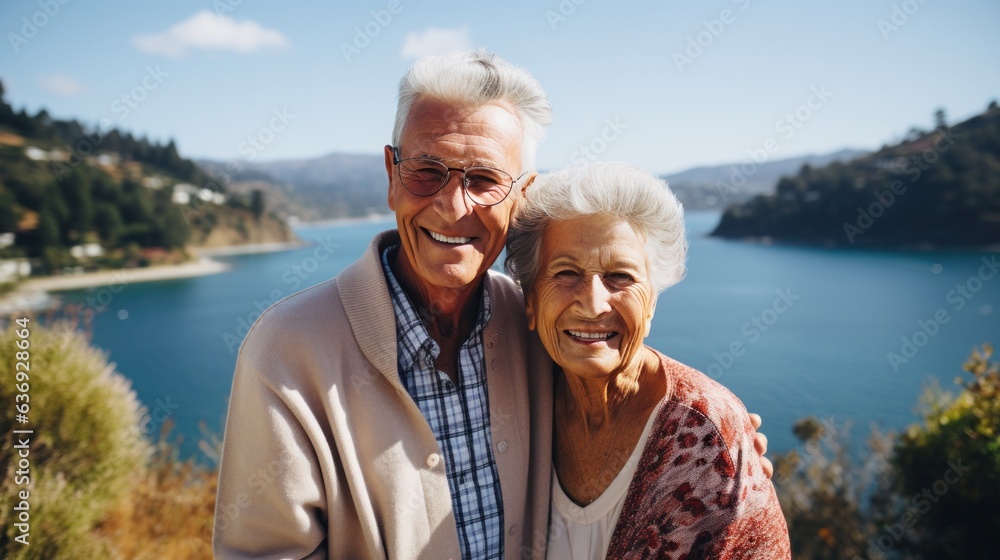 Senior couple, moutains and lake view background