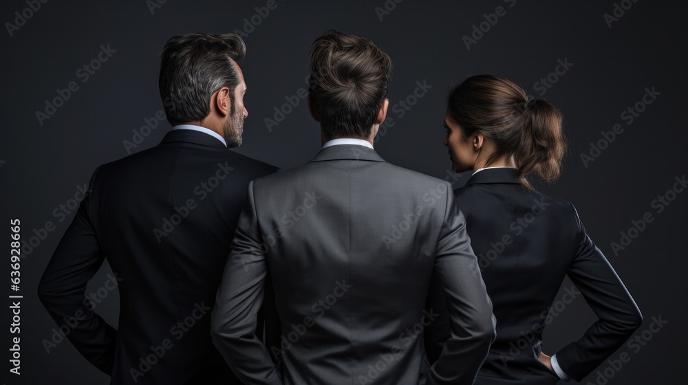 three business people with their backs turned against on grey background.