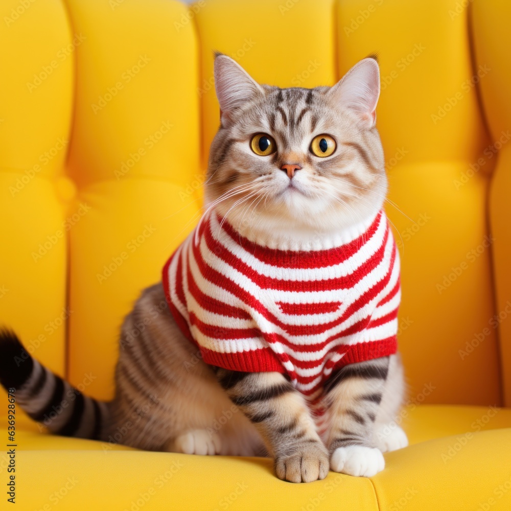 red striped cat sits in a white sweater on a yellow sofa.