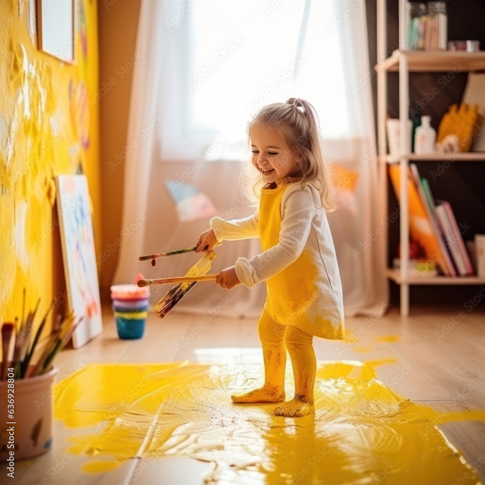 girl paints a picture with paints in a yellow room.