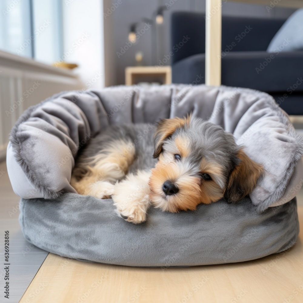 dog sleeps in a gray lounger.