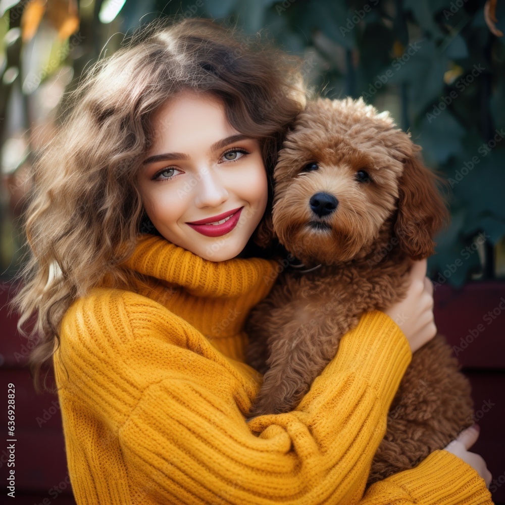 girl in a yellow sweater with curly hair hugging a dog