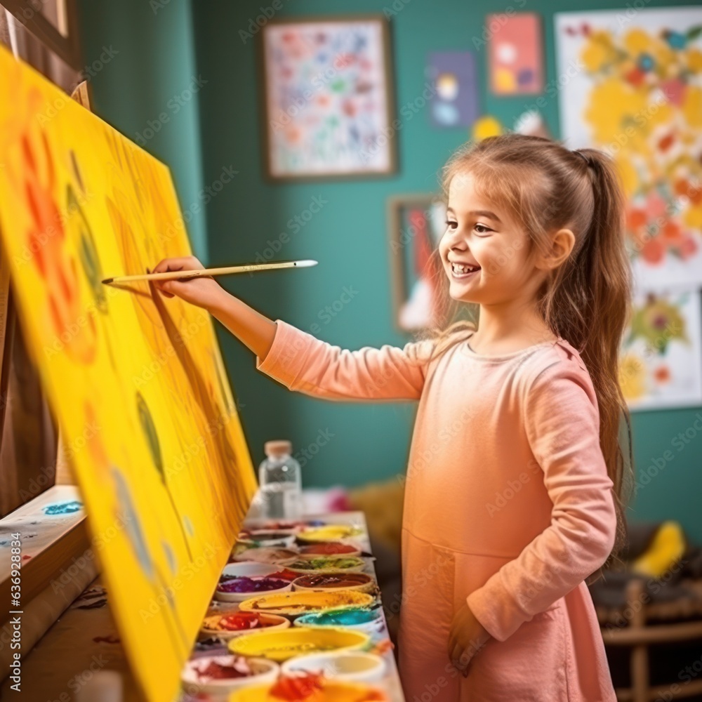 girl paints a picture with paints in a yellow room.