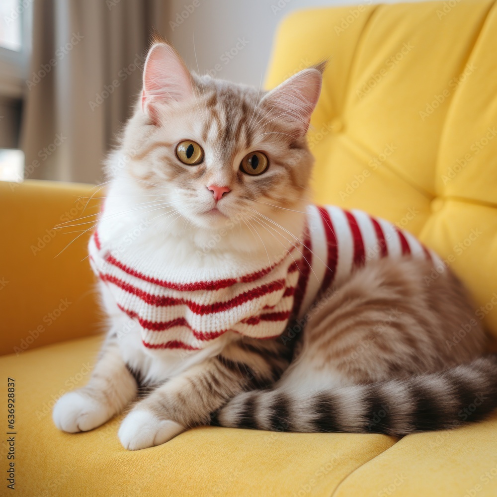 red striped cat sits in a white sweater on a yellow sofa.