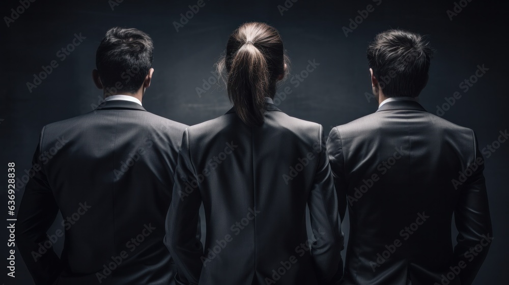 three business people with their backs turned against on grey background.