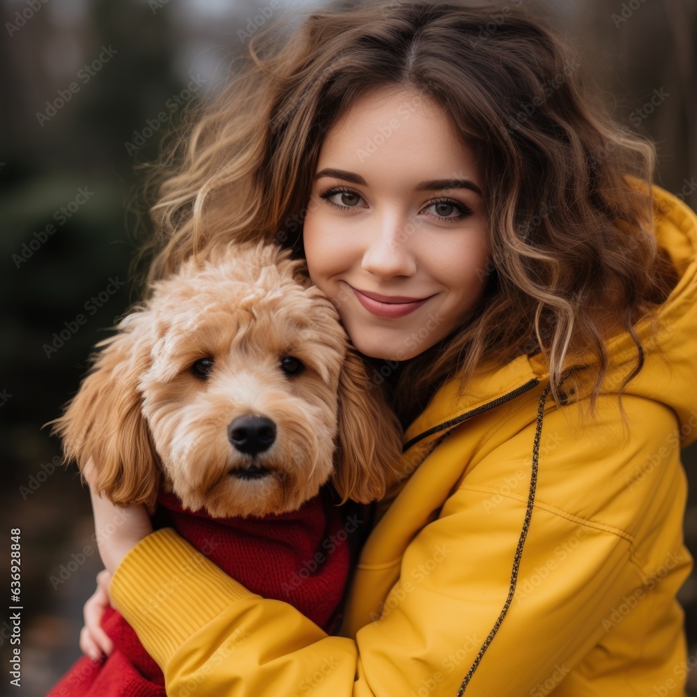 girl in a yellow sweater with curly hair hugging a dog