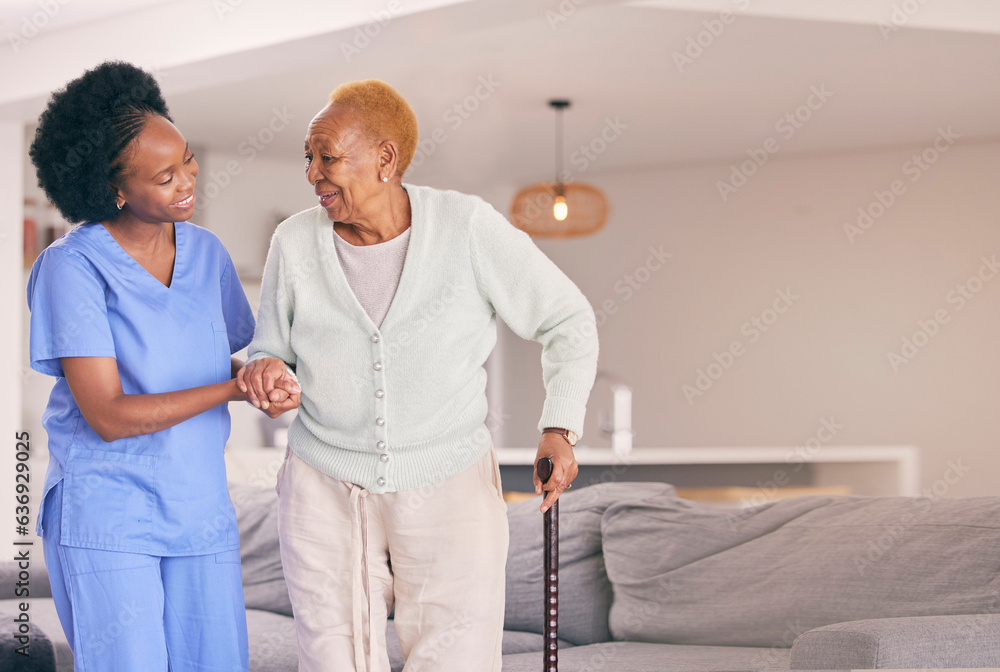 Nurse, holding hands and senior black woman with walking stick, help or smile in home. Caregiver, su