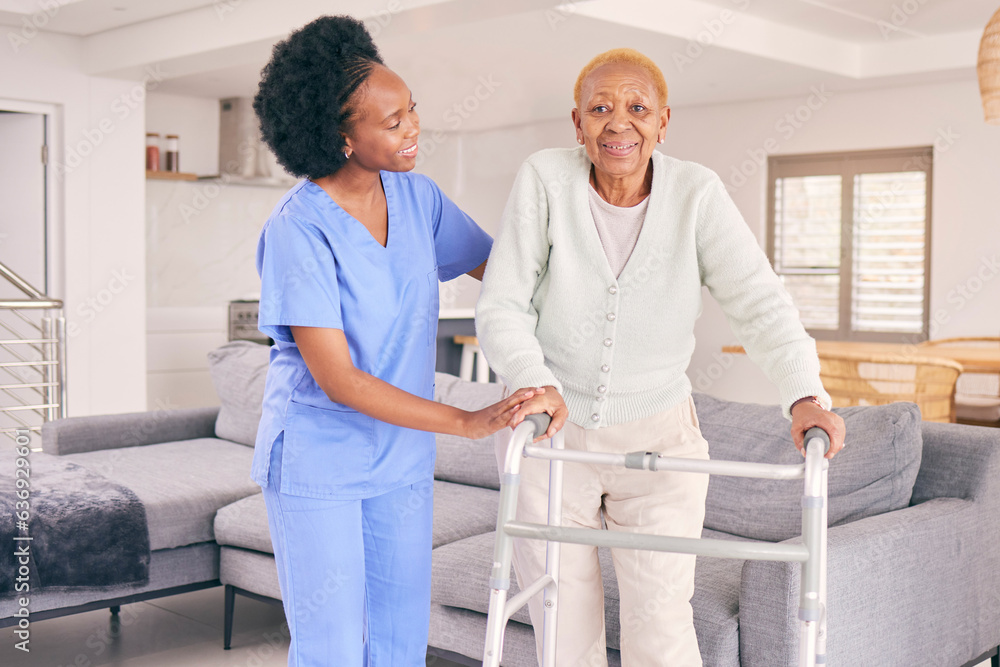 Nurse, elderly woman and walking frame for support, healthcare service and health portrait at home. 