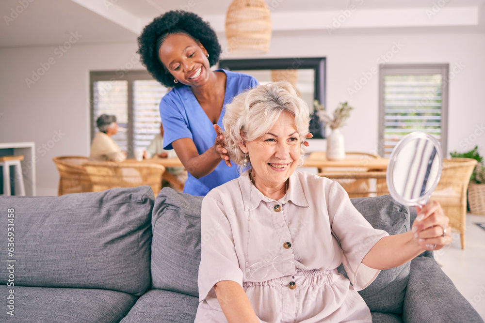 Nurse brush hair of senior woman in the living room of the modern retirement home for self care. Mir