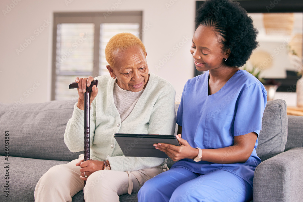 Tablet, caregiver and senior woman on sofa to browse internet, telehealth and website together. Reti