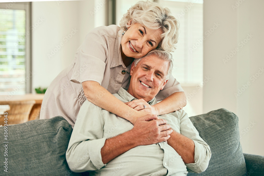 Portrait, smile or old couple hug in house living room bonding together to relax on holiday for love