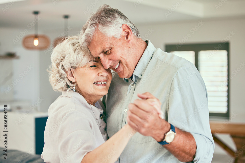 Holding hands, smile or happy old couple dancing for love or joy in marriage at home together. Hug, 