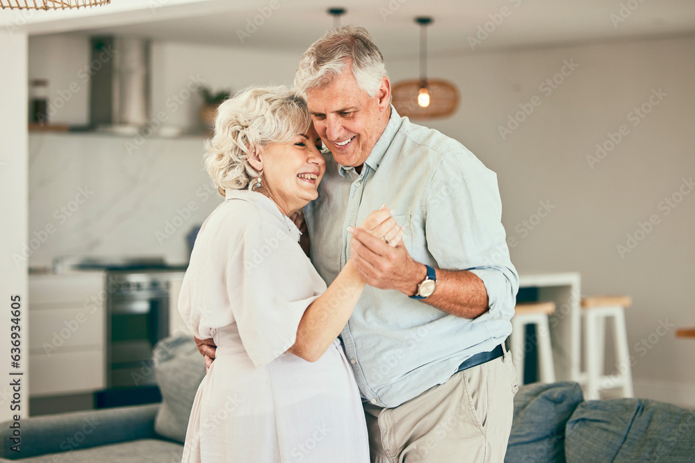 Holding hands, home or happy old couple dancing for love or trust in marriage at home together. Hug,