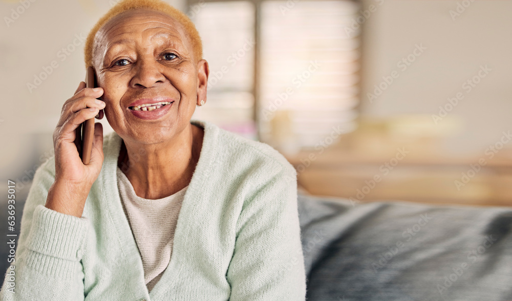 Phone call, senior woman portrait and living room with conversation and communication in a home. Ret