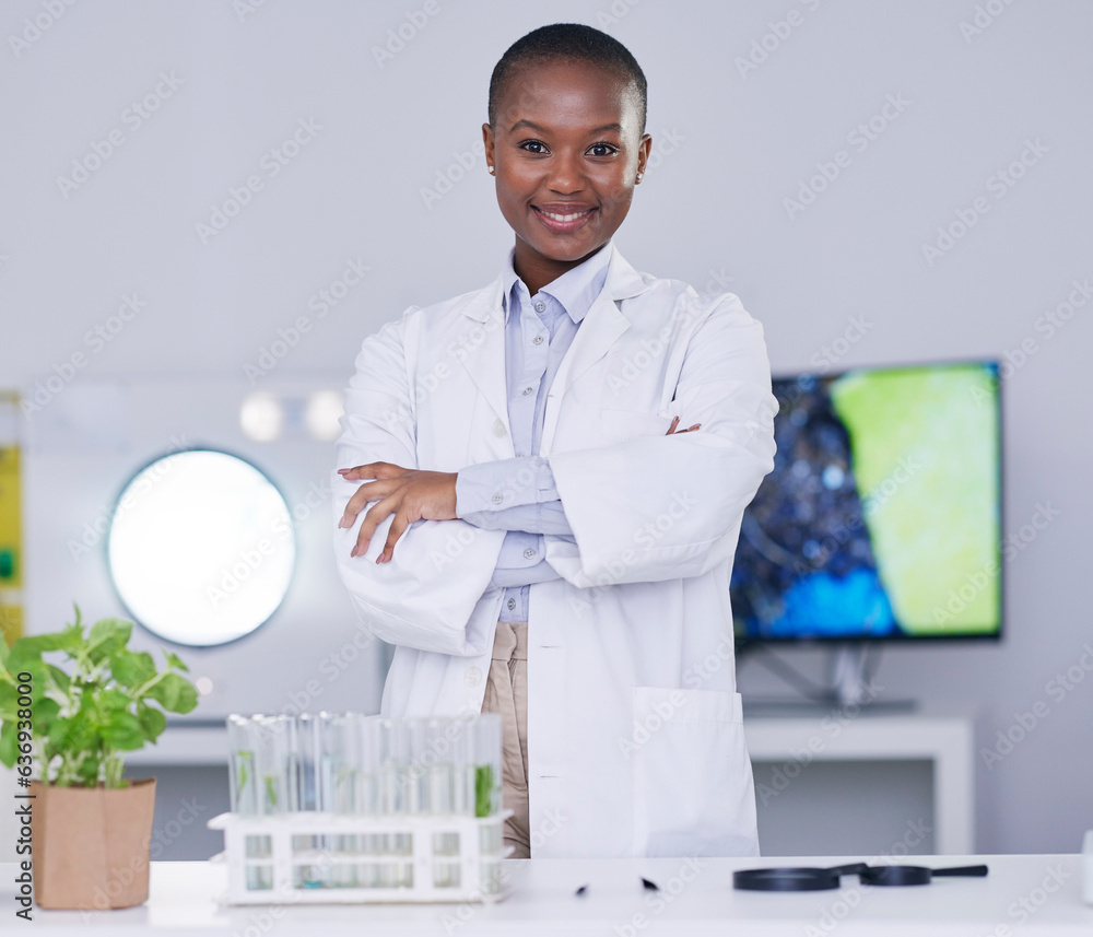 Black woman, portrait and scientist with arms crossed in lab, office and confidence for biotechnolog