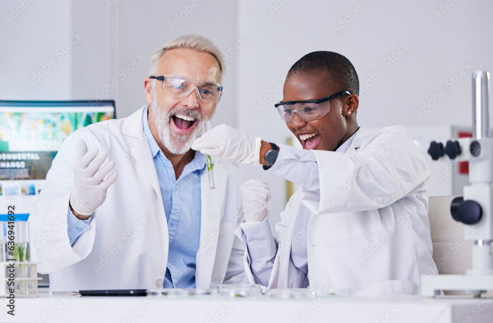 Scientist, people with test tube and plant, cheers and success, black woman and senior man, medical 