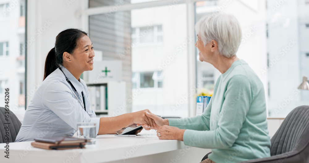 Doctor handshake, senior woman and healthcare with thank you in a hospital for medical care. Elderly