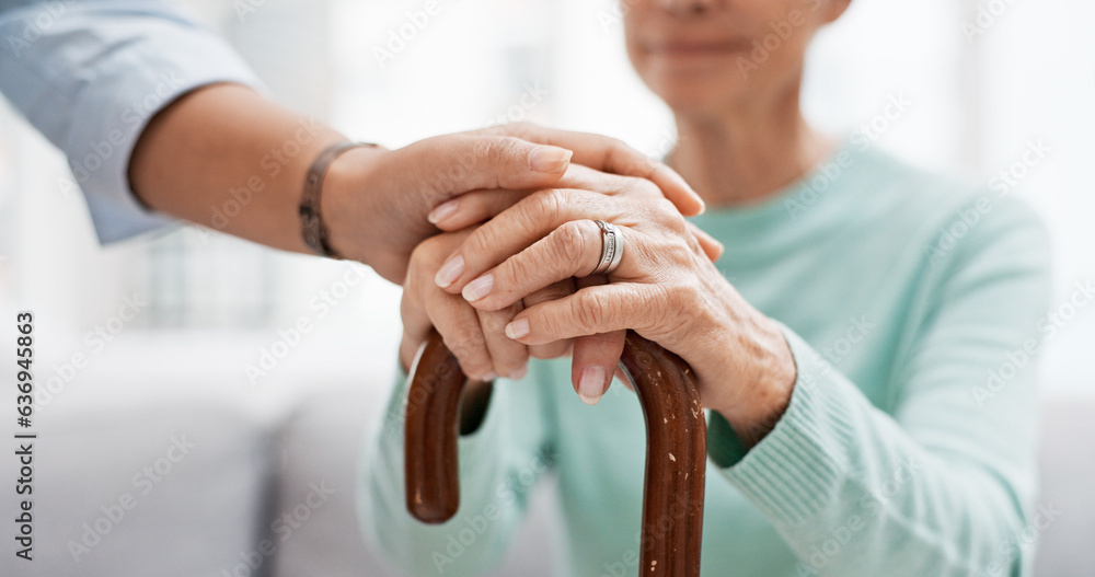 Senior woman, walking cane and holding hands of nurse with healthcare support for retirement. Caregi