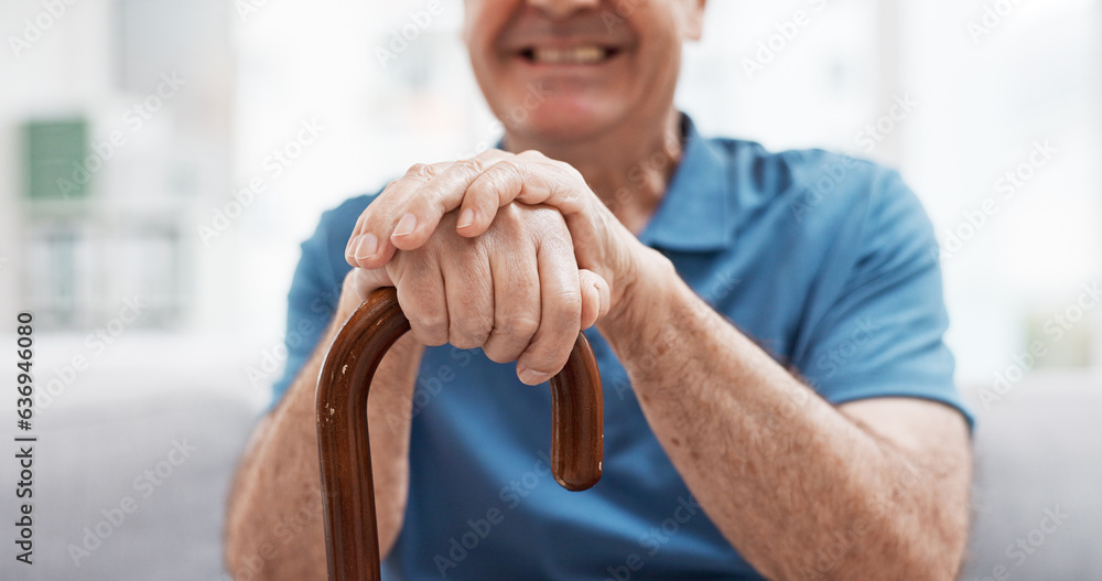 Walking stick, hands and happy elderly man with wooden cane on sofa for balance, support and mobilit