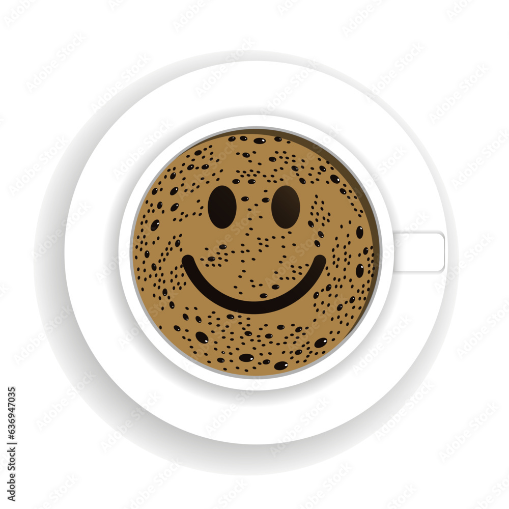 Top view of a coffee cup with foam in the creative  symbol shape of smiley. Fresh espresso icon. Vec