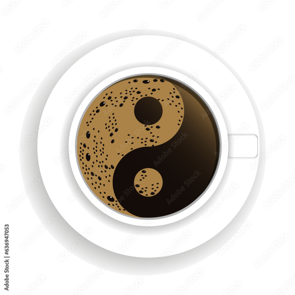 Top view of a coffee cup with foam in the creative  symbol shape of Yin Yang. Fresh espresso icon. V