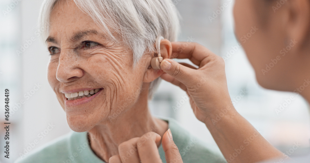 Old woman, doctor hands and patient with hearing aid, help and support with healthcare in clinic. Pe