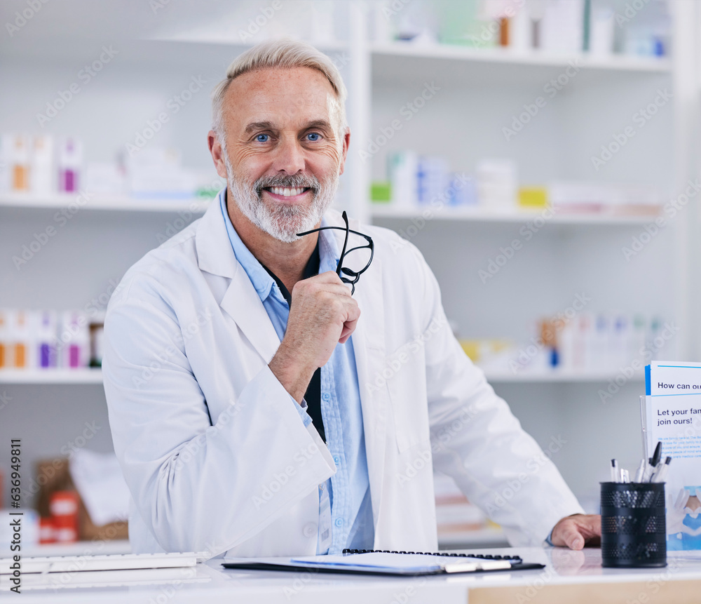 Pharmacy, consulting and smile with portrait of man for medical, pills and helping. Medicine, health