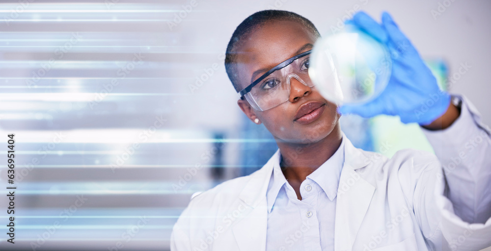 Science, black woman in lab and study of nature mockup, future technology and research in biotech. A