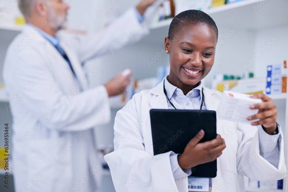 Pharmacist, woman and tablet for medicine management, reading label and stock research or inventory.