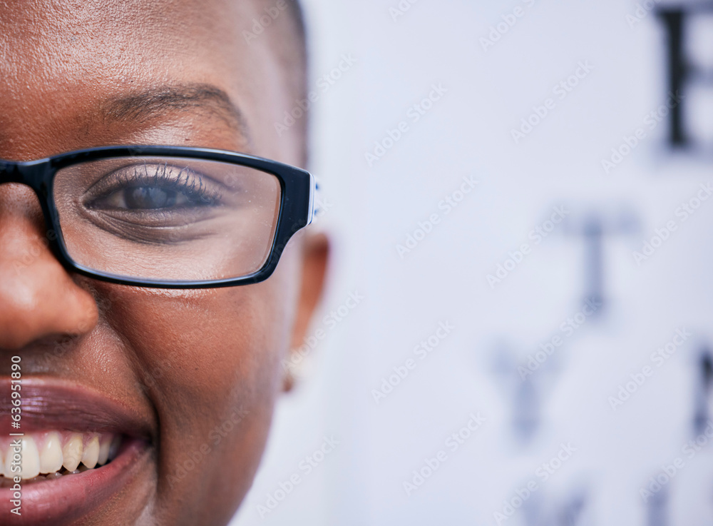 Happy, black woman and portrait with glasses from eye exam, eyesight test or prescription eyewear fr