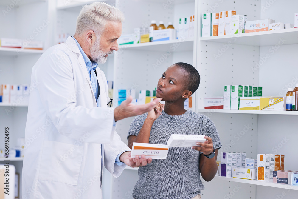 Pharmacist, product choice and woman question healthcare worker on pills, medication or pharmaceutic