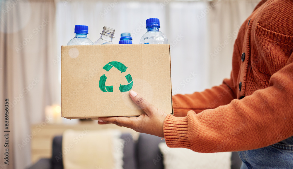 Plastic, recycle and hands with bottle in box in living room for eco friendly, reuse and renewable l