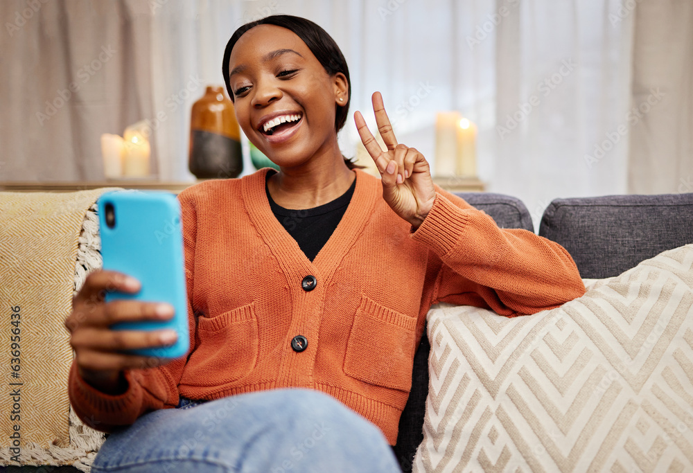 Selfie, black woman and peace sign at home with a smile for social media, motivation and perfect. Ph